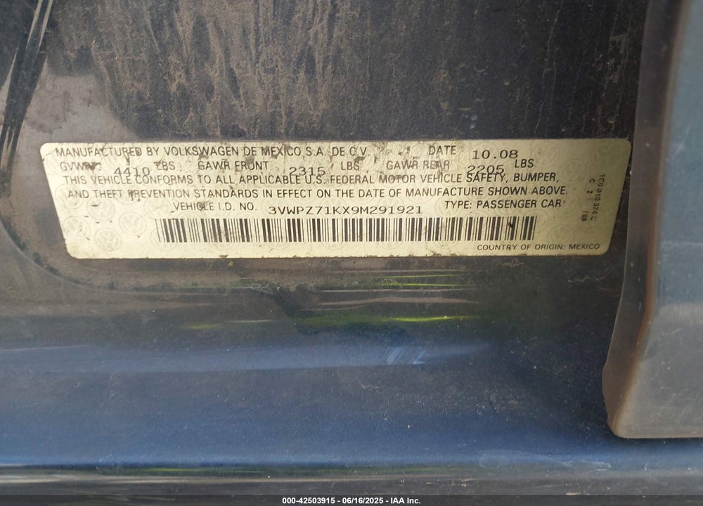 2009 VOLKSWAGEN JETTA VIN: 3VWPZ71KX9M291921