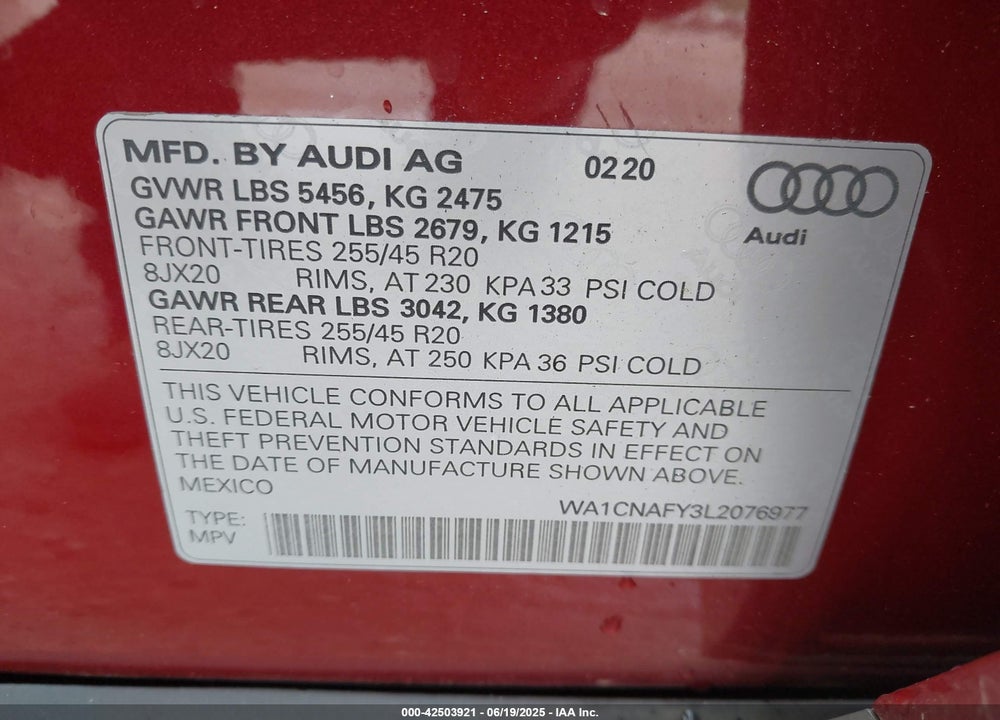 2020 AUDI Q5 VIN: WA1CNAFY3L2076977