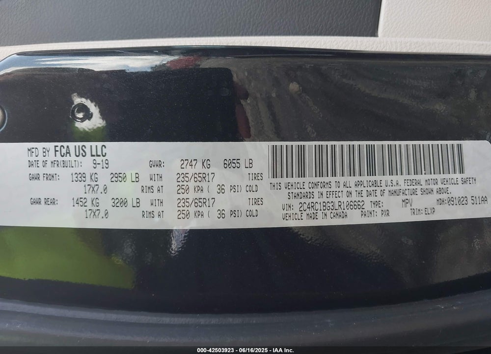 2020 CHRYSLER PACIFICA TOURING L VIN: 2C4RC1BG3LR106662