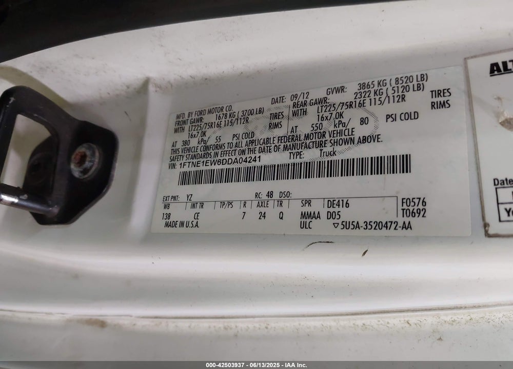 2013 FORD E-150 COMMERCIAL VIN: 1FTNE1EW6DDA04241