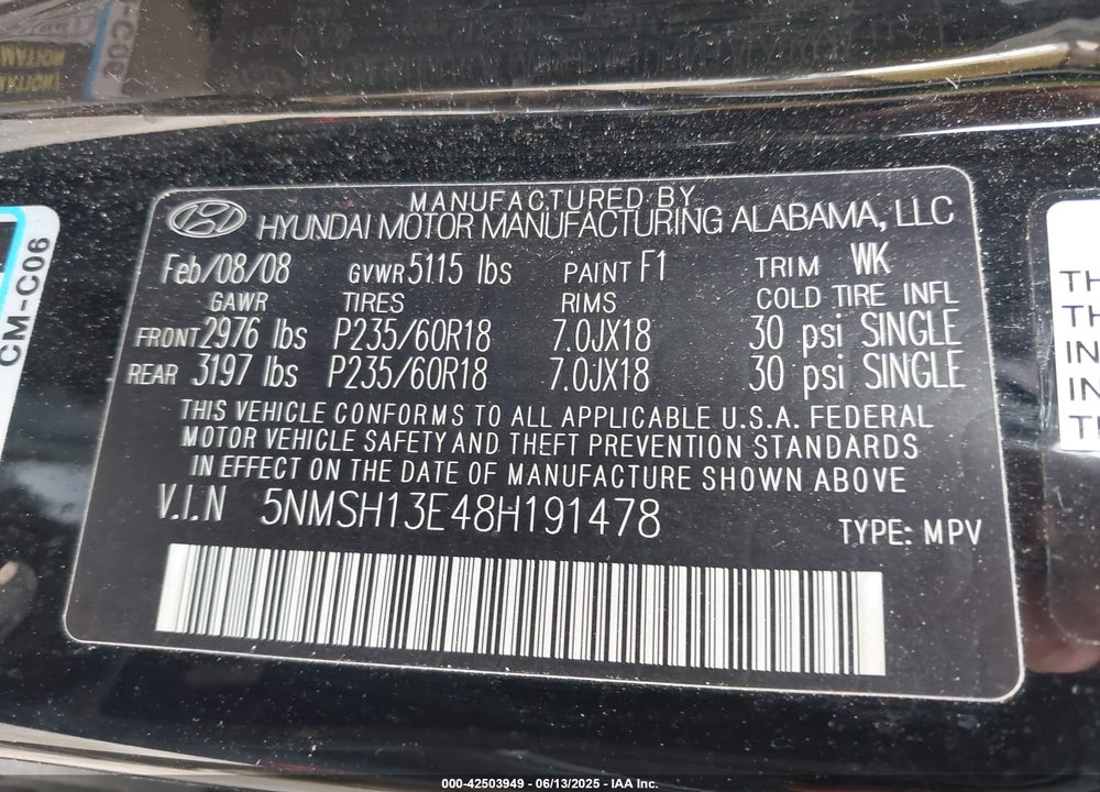 2008 HYUNDAI SANTA FE LIMITED/SE VIN: 5NMSH13E48H191478