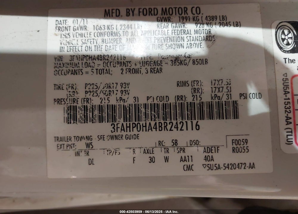 2011 FORD FUSION VIN: 3FAHP0HA4BR242116
