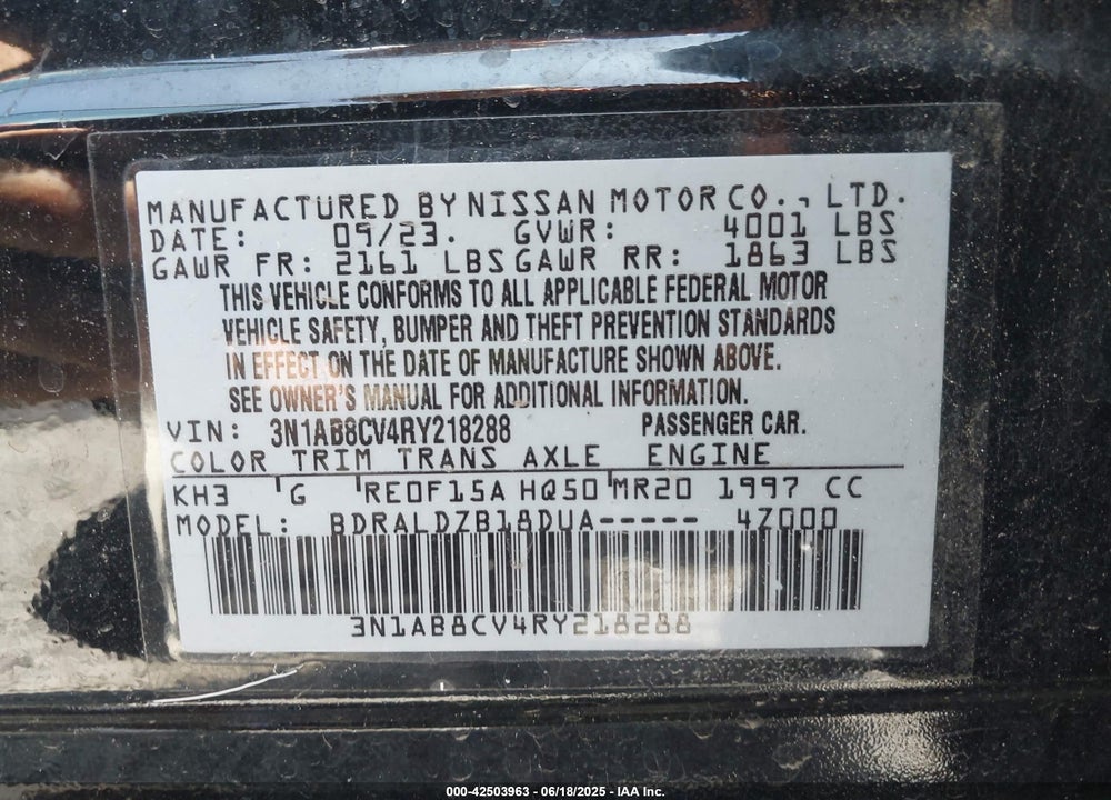2024 NISSAN SENTRA SV XTRONIC CVT VIN: 3N1AB8CV4RY218288
