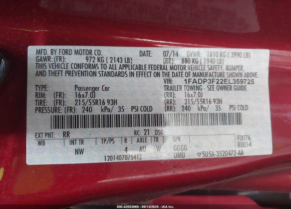 2014 FORD FOCUS SE VIN: 1FADP3F22EL359725