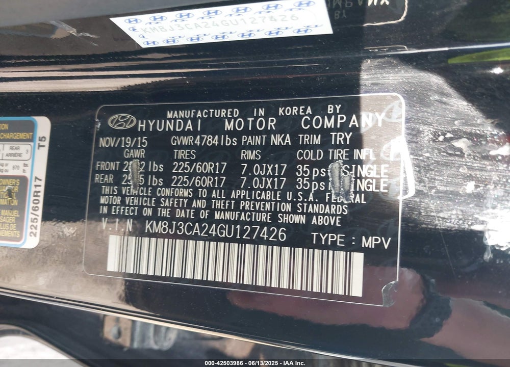 2016 HYUNDAI TUCSON VIN: KM8J3CA24GU127426