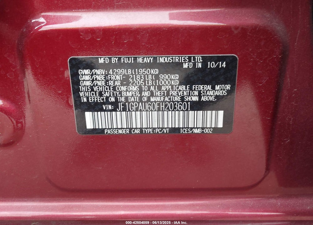 2015 SUBARU IMPREZA VIN: JF1GPAU60FH203601