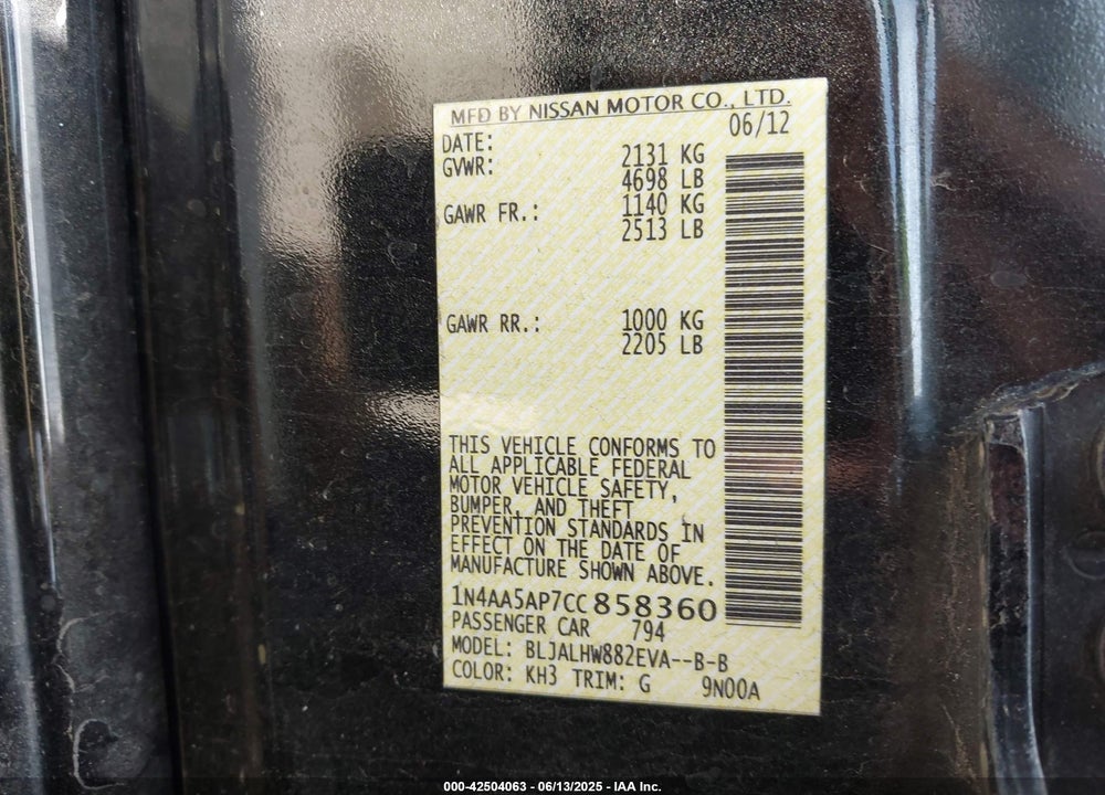 2012 NISSAN MAXIMA VIN: 1N4AA5AP7CC858360