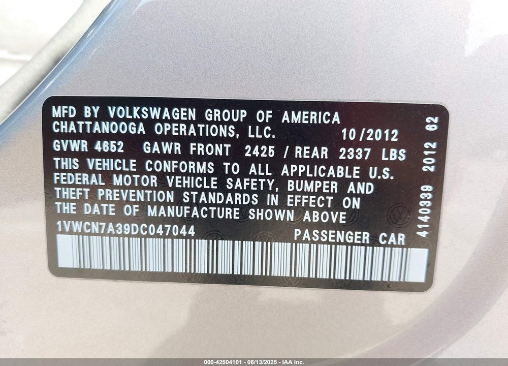 2013 VOLKSWAGEN PASSAT VIN: 1VWCN7A39DC047044