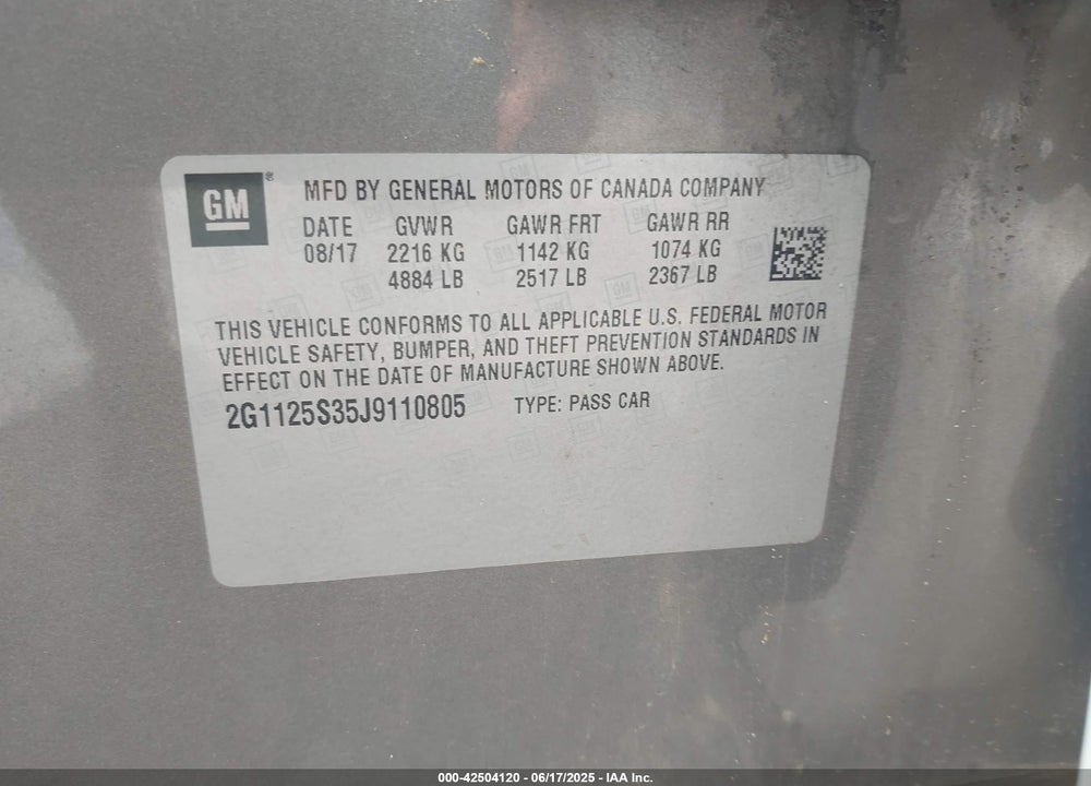 2018 CHEVROLET IMPALA VIN: 2G1125S35J9110805