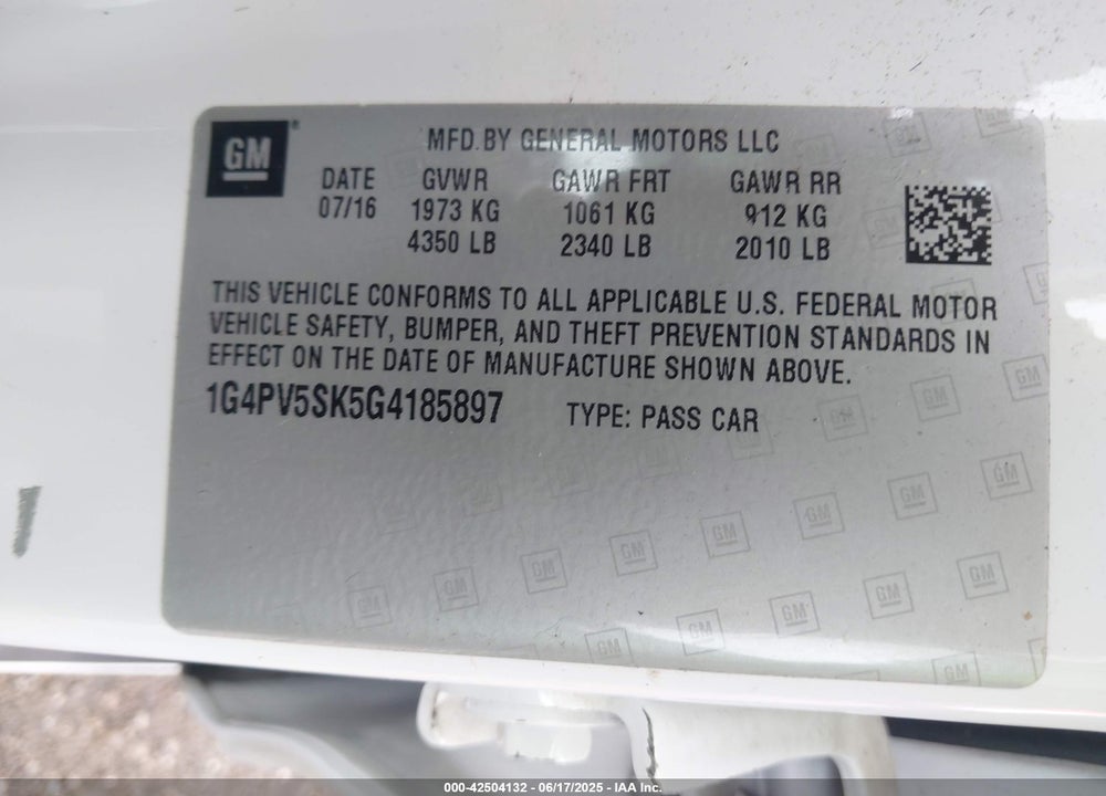 2016 BUICK VERANO VIN: 1G4PV5SK5G4185897