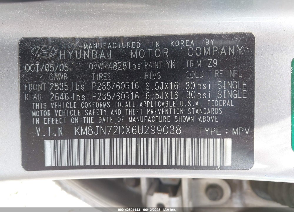 2006 HYUNDAI TUCSON GLS/LIMITED VIN: KM8JN72DX6U299038