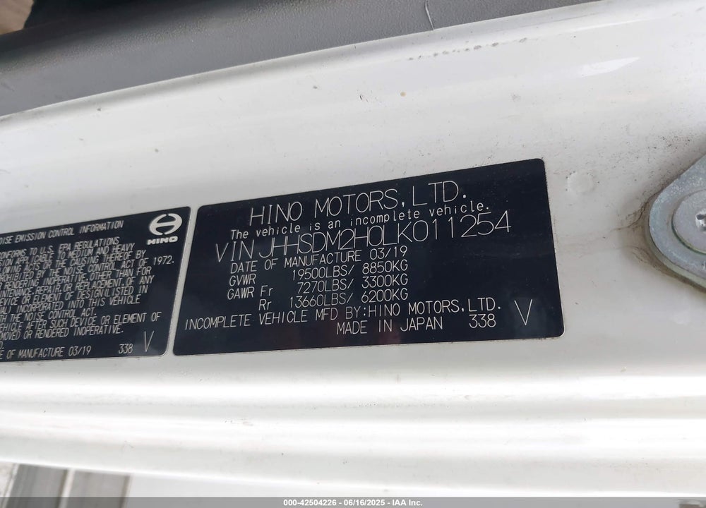 2020 HINO XJC740/XFC740 VIN: JHHSDM2H0LK011254