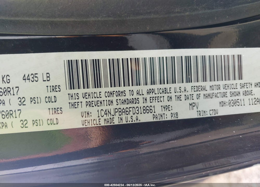 2015 JEEP PATRIOT VIN: 1C4NJPBA6FD318661