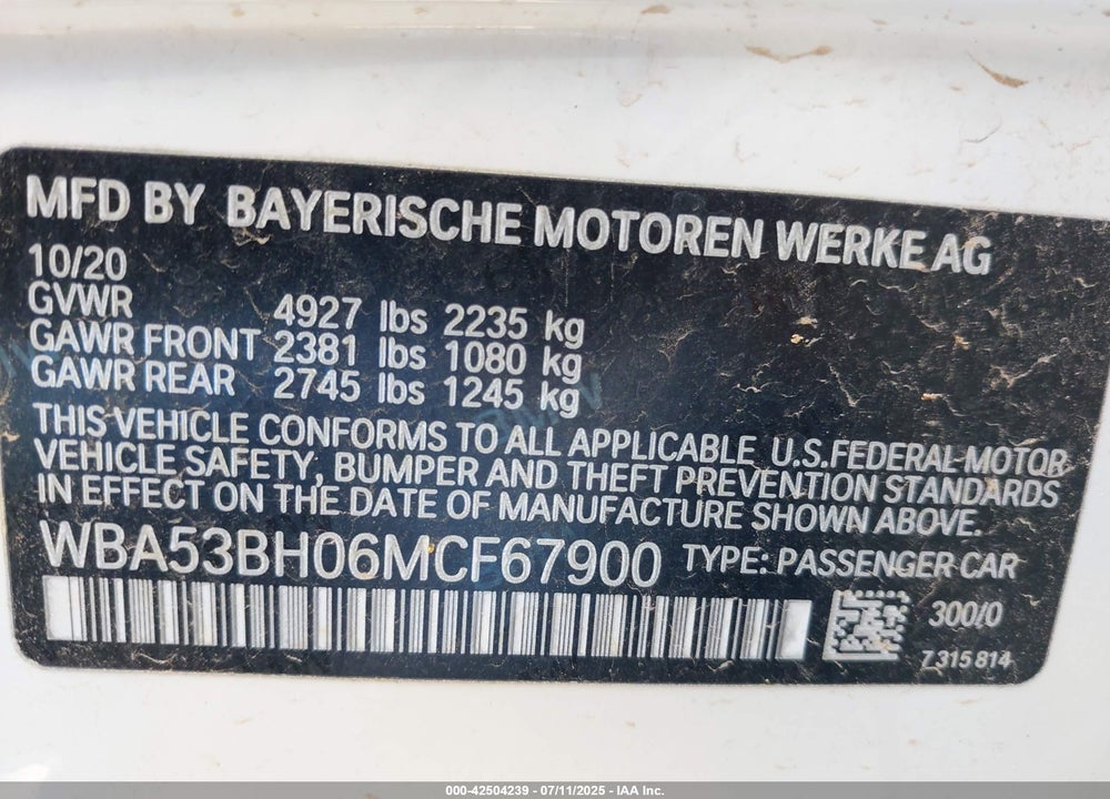 2021 BMW 5 SERIES VIN: WBA53BH06MCF67900