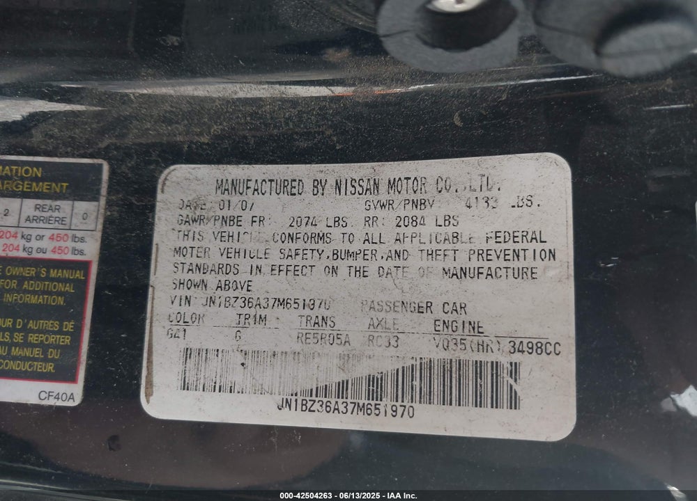 2007 NISSAN 350Z VIN: JN1BZ36A37M651970