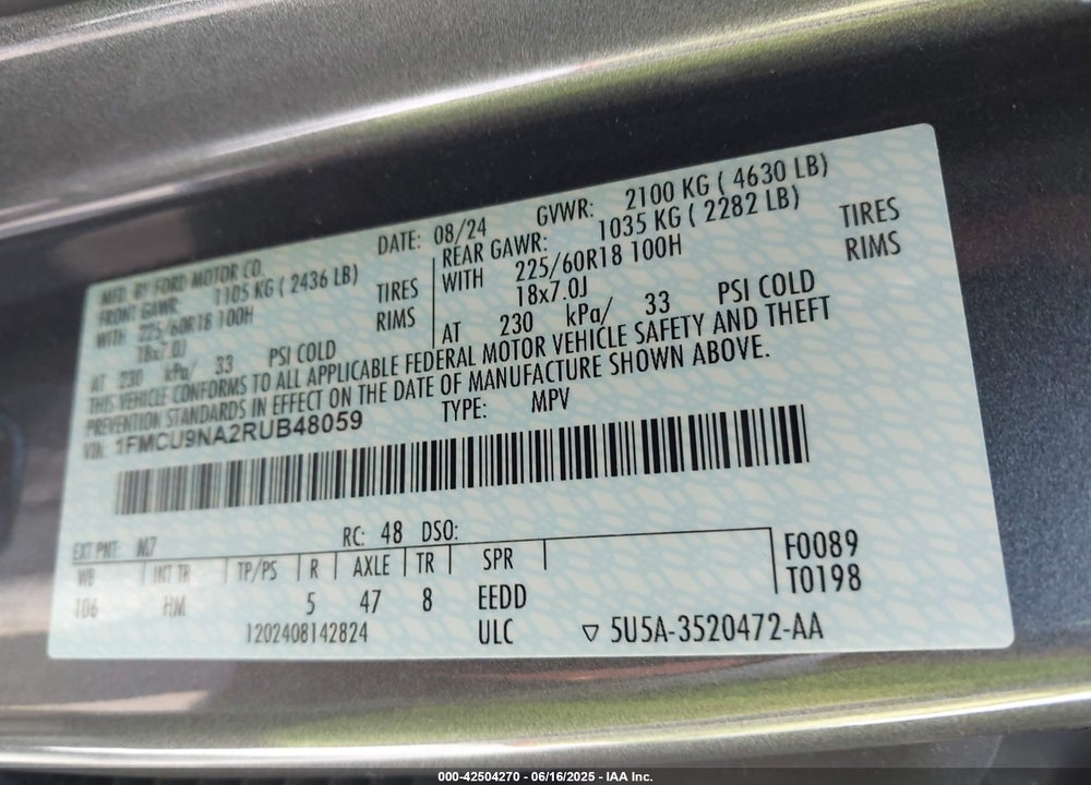 2024 FORD ESCAPE ST-LINE SELECT VIN: 1FMCU9NA2RUB48059