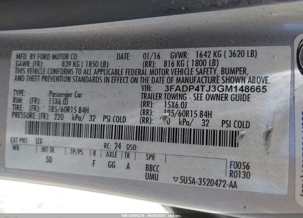 2016 FORD FIESTA VIN: 3FADP4TJ3GM148665