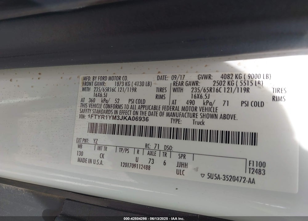 2018 FORD TRANSIT-250 VIN: 1FTYR1YM3JKA06936