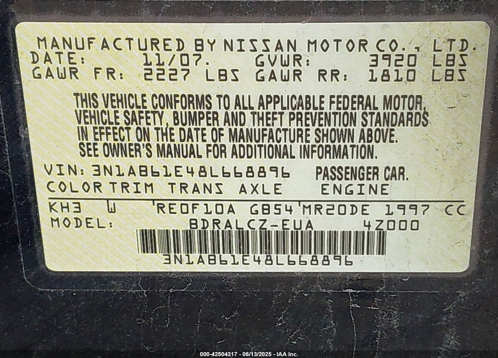 2008 NISSAN SENTRA VIN: 3N1AB61E48L668896