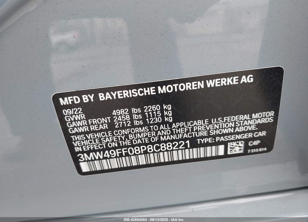 2023 BMW 3 SERIES VIN: 3MW49FF08P8C88221
