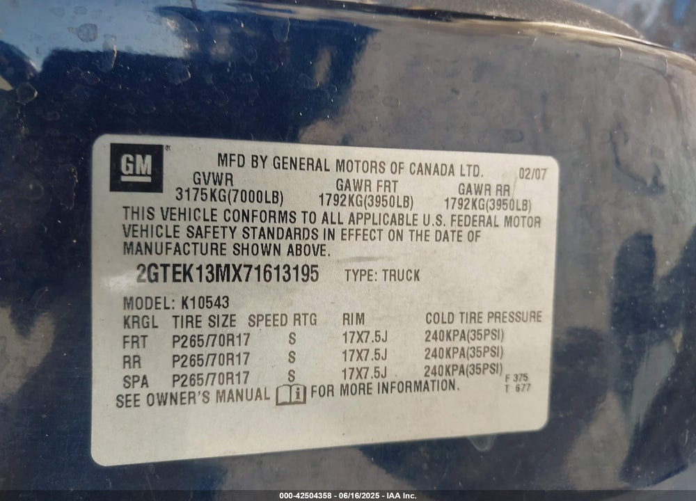 2007 GMC NEW SIERRA VIN: 2GTEK13MX71613195