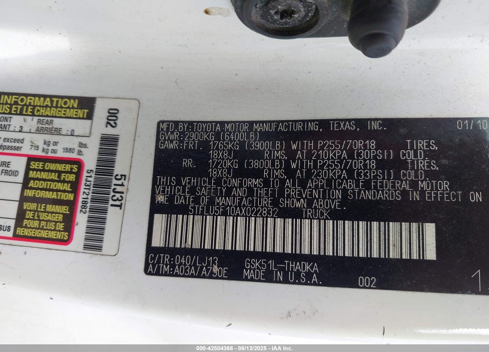 2010 TOYOTA TUNDRA GRADE V6 VIN: 5TFLU5F10AX022832
