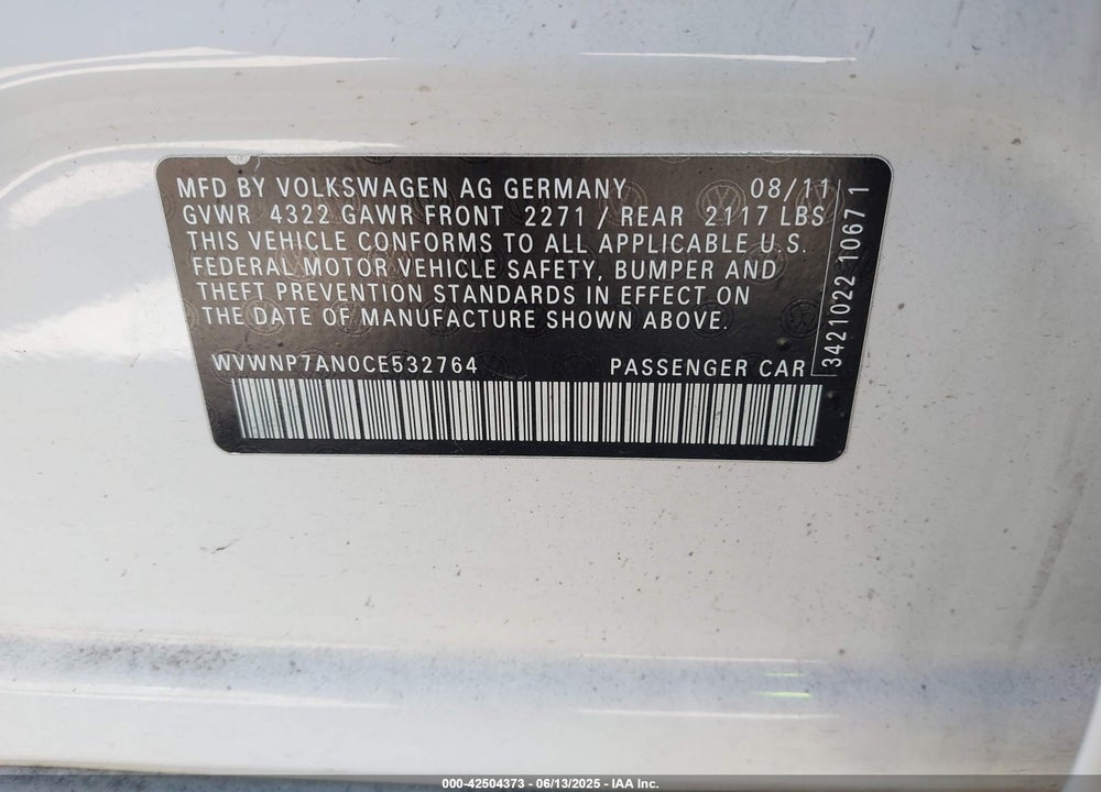2012 VOLKSWAGEN CC R-LINE/SPORT VIN: WVWNP7AN0CE532764
