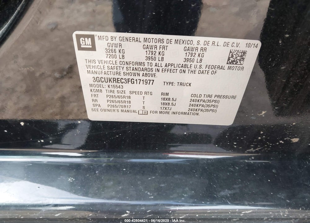 2015 CHEVROLET SILVERADO 1500 VIN: 3GCUKREC3FG171977