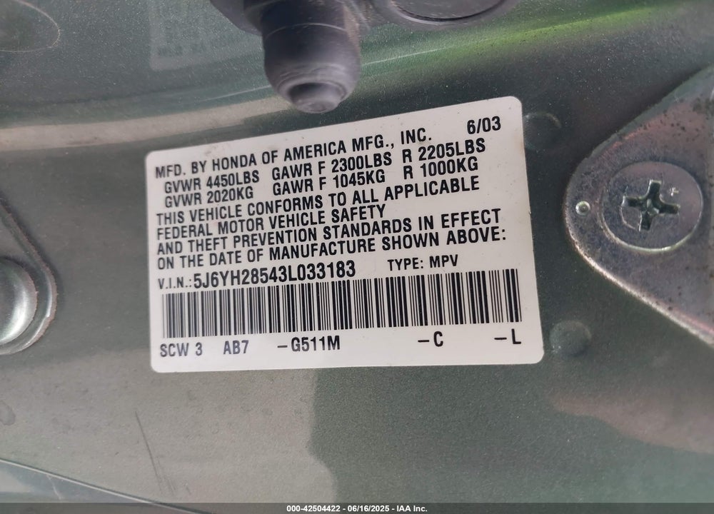 2003 HONDA ELEMENT EX VIN: 5J6YH28543L033183