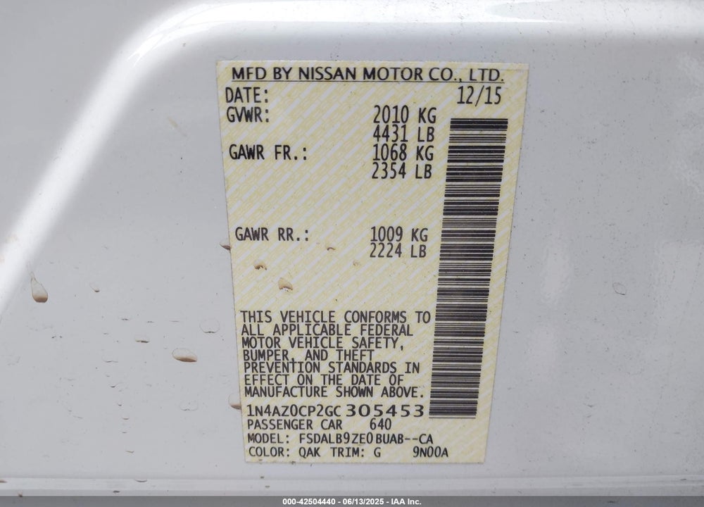2016 NISSAN LEAF S VIN: 1N4AZ0CP2GC305453