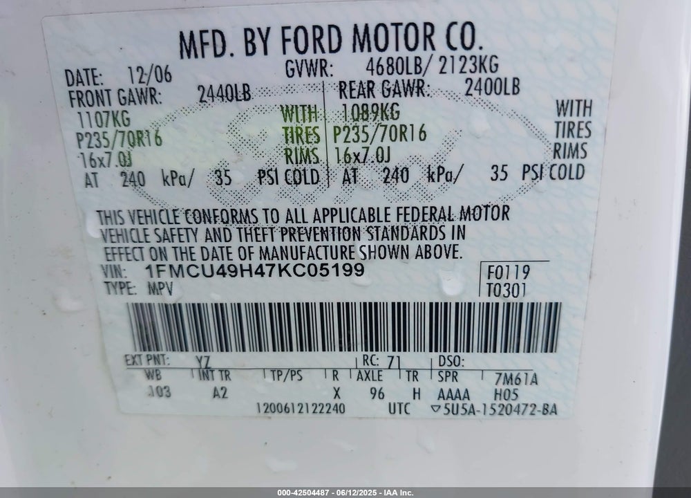 2007 FORD ESCAPE HYBRID VIN: 1FMCU49H47KC05199
