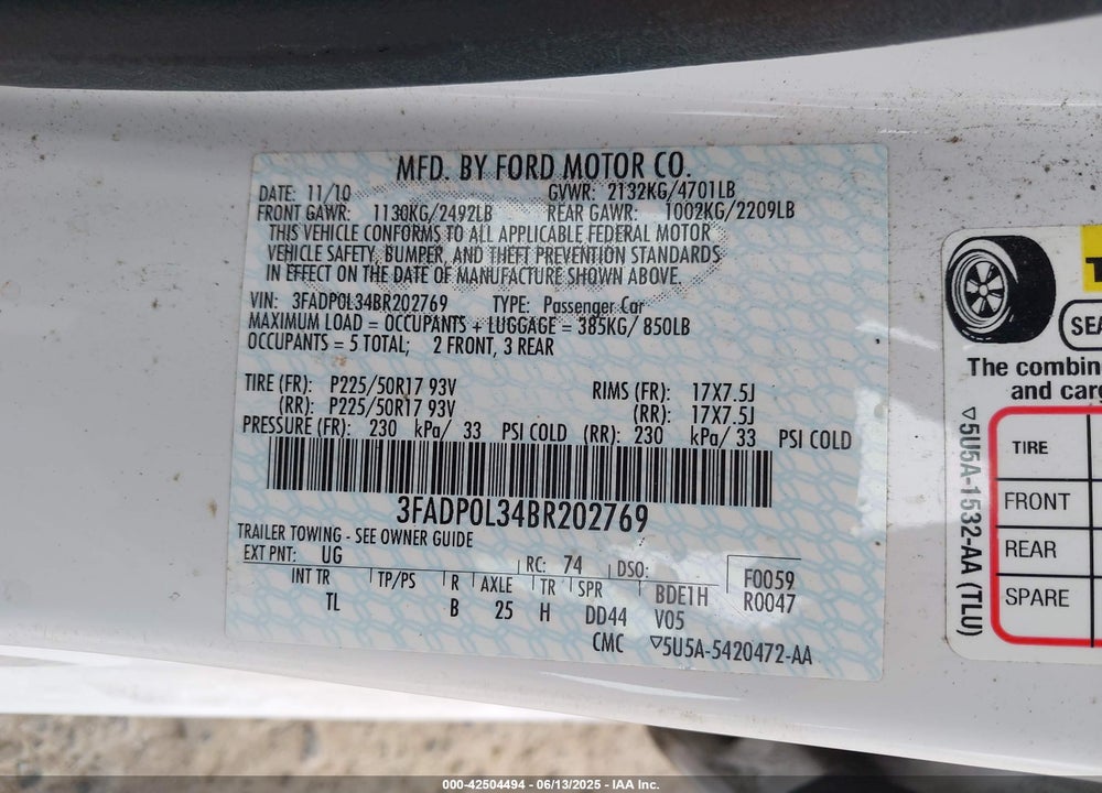 2011 FORD FUSION HYBRID VIN: 3FADP0L34BR202769
