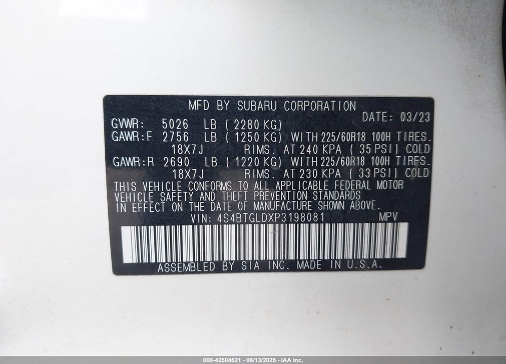 2023 SUBARU OUTBACK VIN: 4S4BTGLDXP3198081