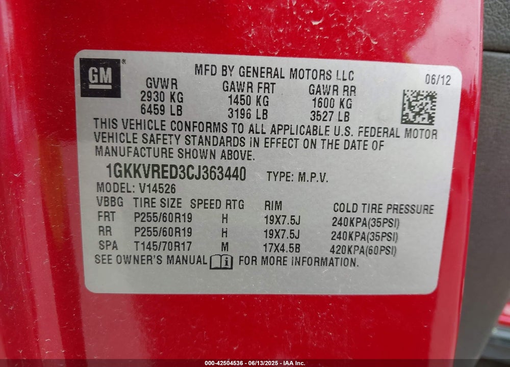 2012 GMC ACADIA VIN: 1GKKVRED3CJ363440