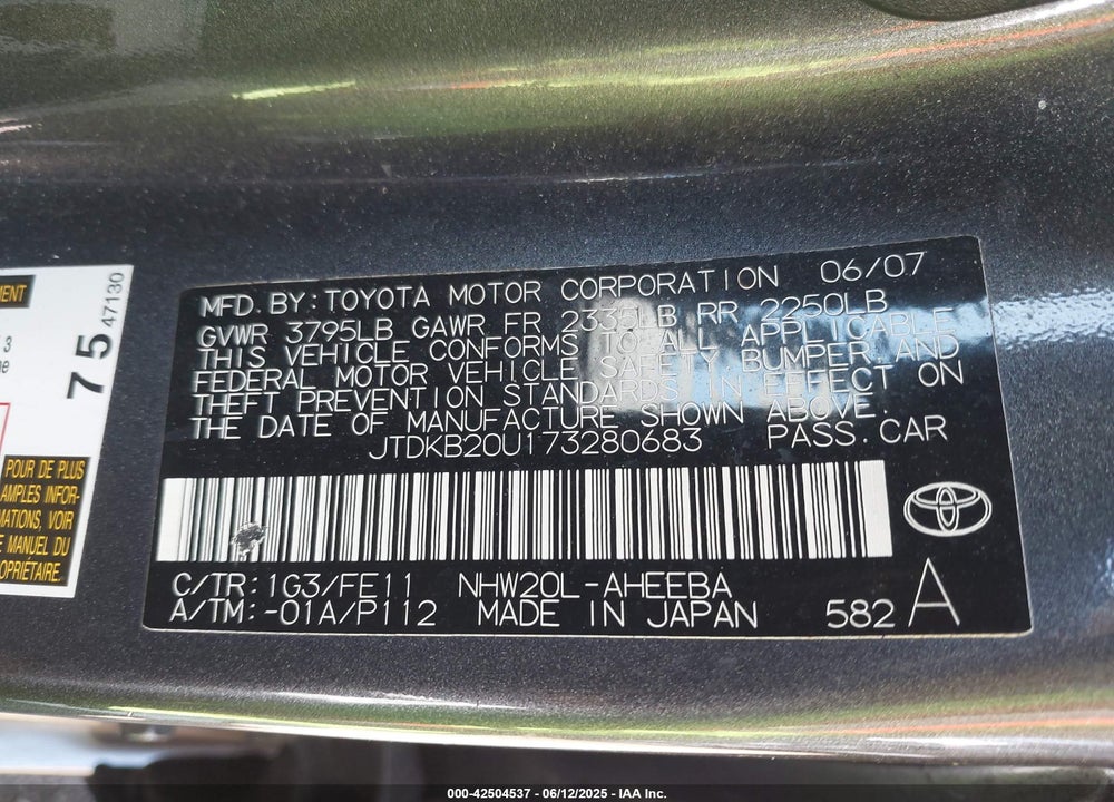 2007 TOYOTA PRIUS VIN: JTDKB20U173280683