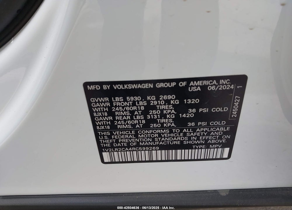 2024 VOLKSWAGEN ATLAS VIN: 1V2LR2CA4RC599269