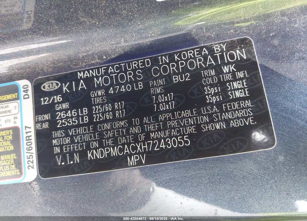2017 KIA SPORTAGE VIN: KNDPMCACXH7243055