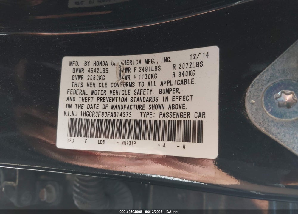 2015 HONDA ACCORD VIN: 1HGCR3F80FA014373