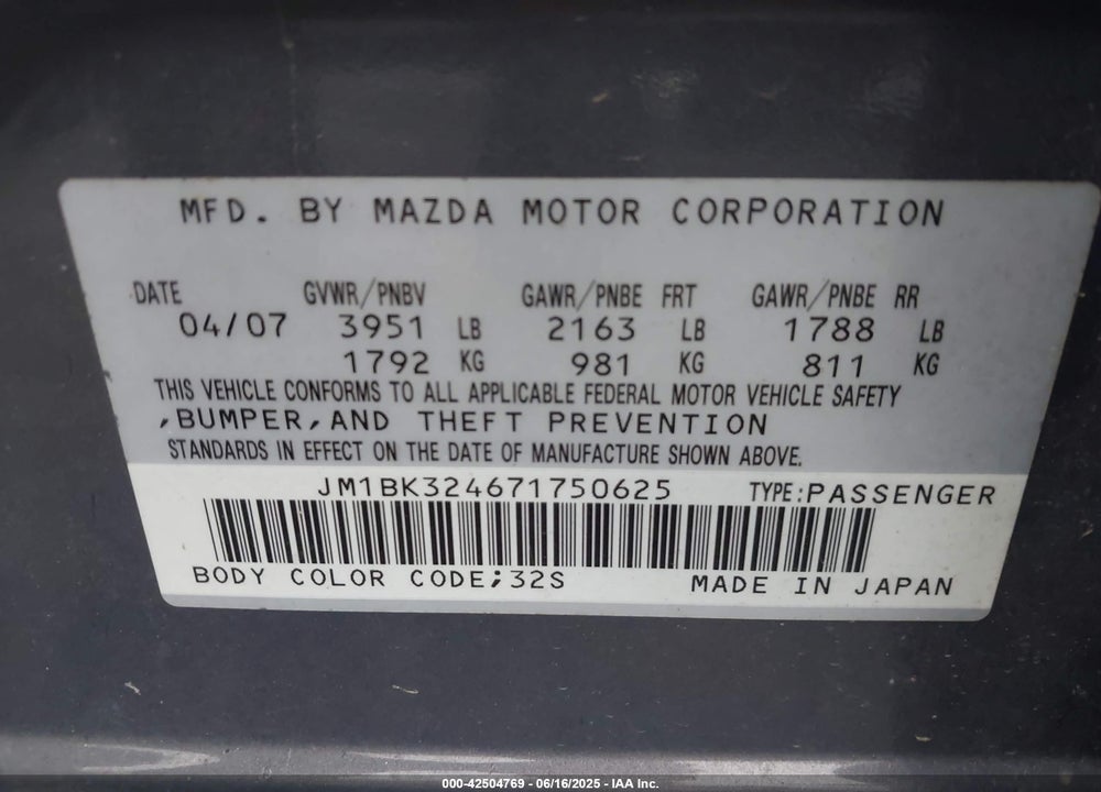 2007 MAZDA 3 S TOURING VIN: JM1BK324671750625