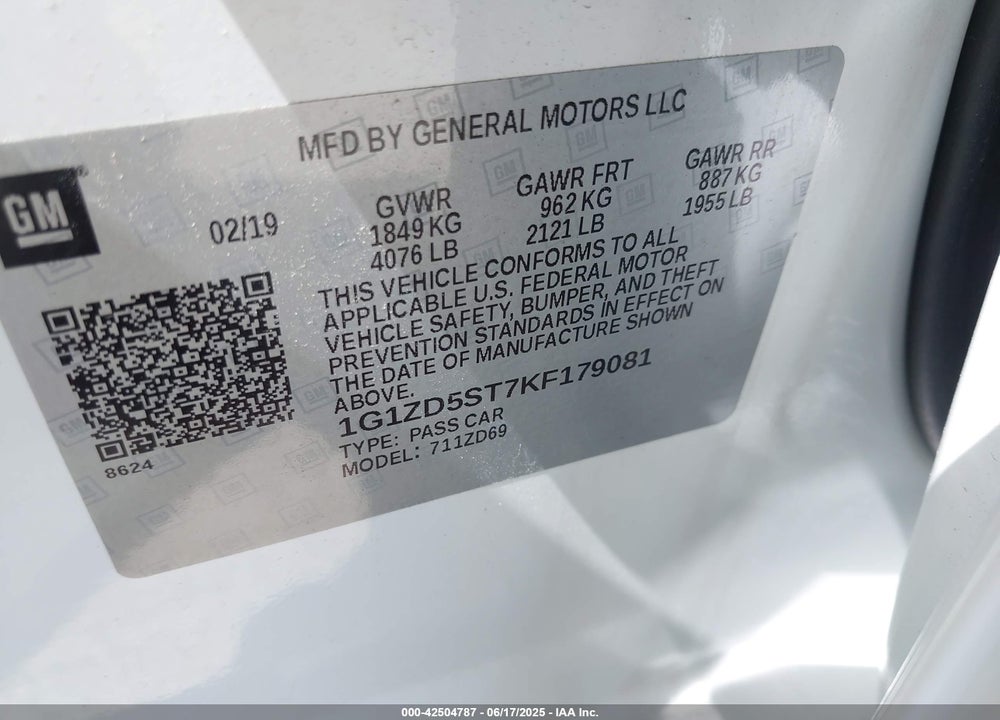 2019 CHEVROLET MALIBU VIN: 1G1ZD5ST7KF179081