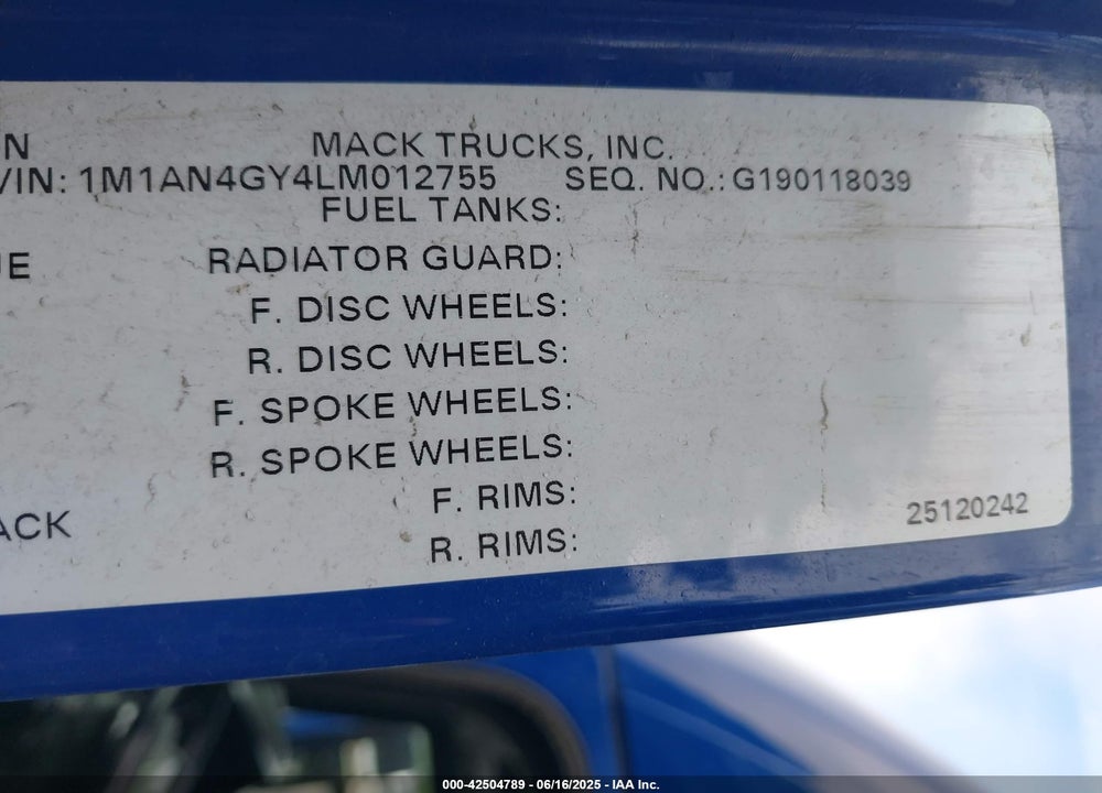 2020 MACK ANTHEM VIN: 1M1AN4GY4LM012755