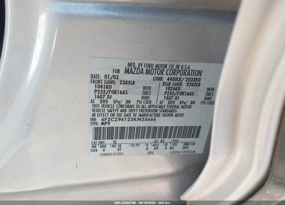 2003 MAZDA TRIBUTE ES V6 VIN: 4F2CZ96123KM35666