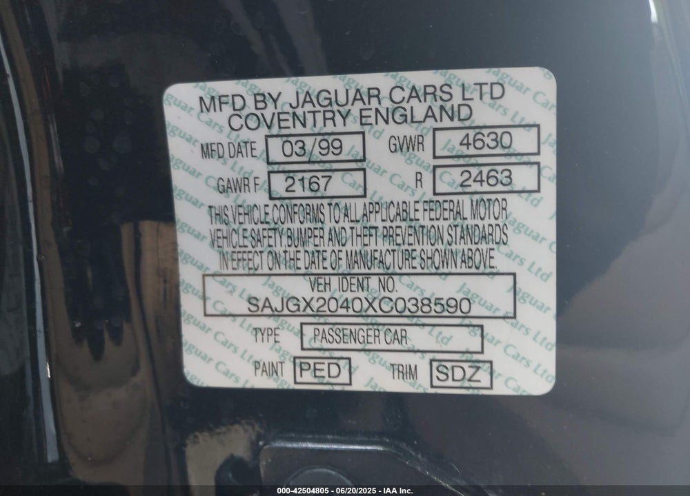 1999 JAGUAR XK8 VIN: SAJGX2040XC038590