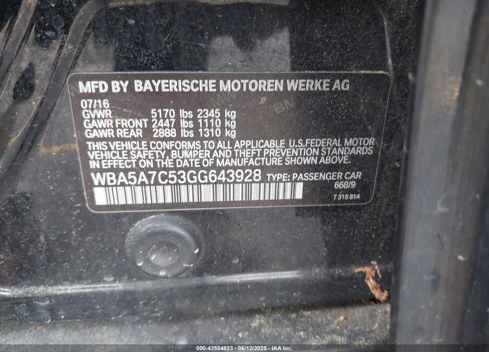 2016 BMW 528I VIN: WBA5A7C53GG643928