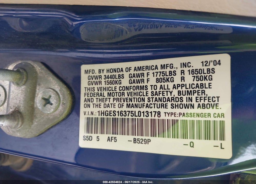 2005 HONDA CIVIC VP VIN: 1HGES16375L013178