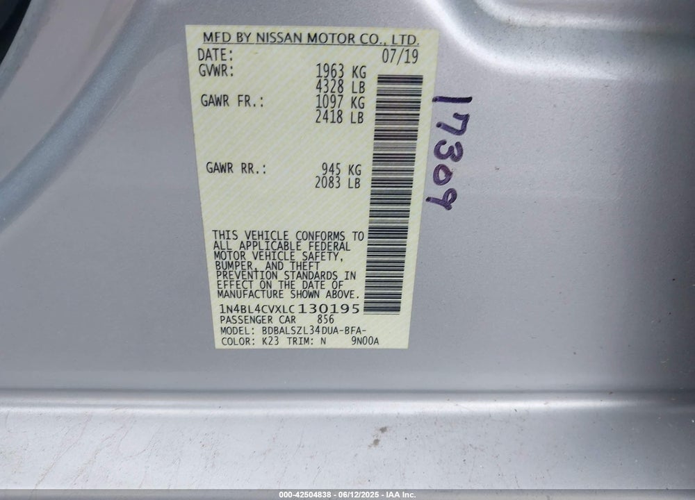 2020 NISSAN ALTIMA VIN: 1N4BL4CVXLC130195