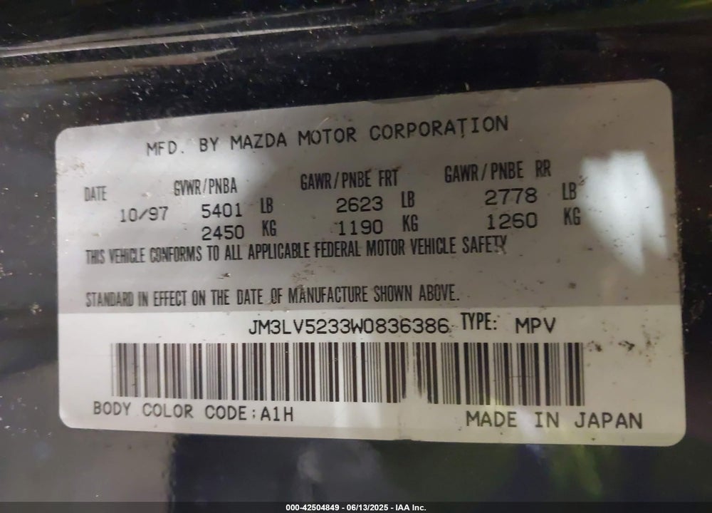 1998 MAZDA MPV VIN: JM3LV5233W0836386