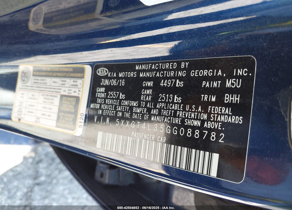 2016 KIA OPTIMA VIN: 5XXGT4L35GG088782