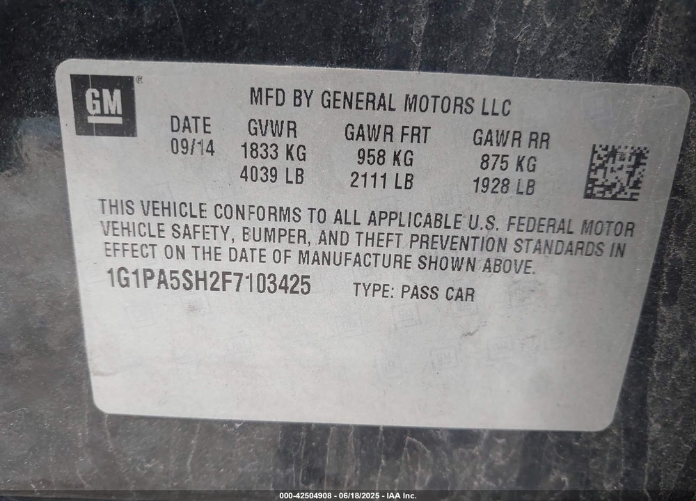 2015 CHEVROLET CRUZE VIN: 1G1PA5SH2F7103425