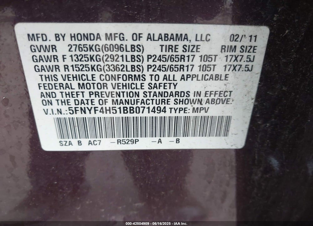 2011 HONDA PILOT VIN: 5FNYF4H51BB071494